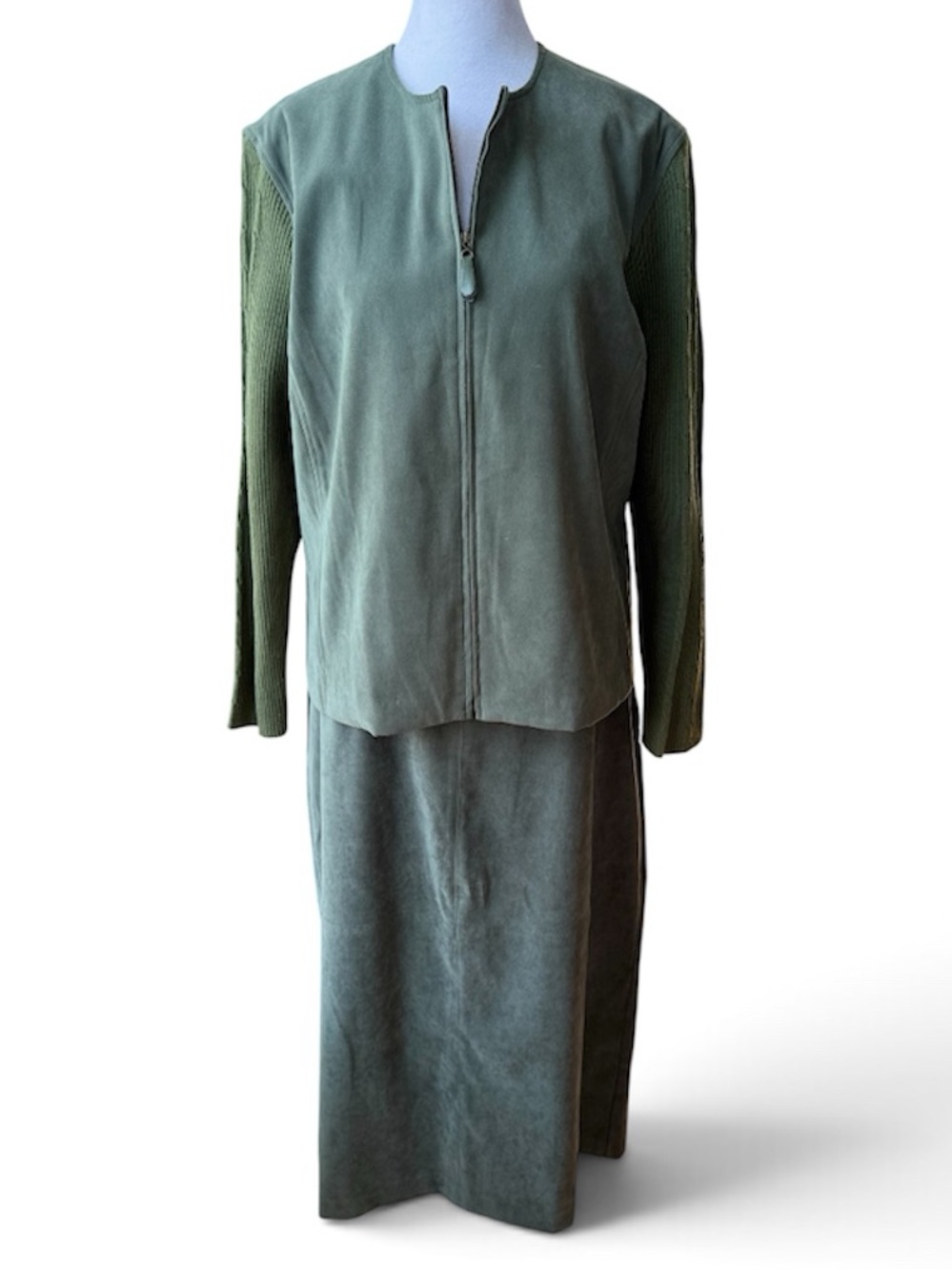 Vintage 90s Norton McNaughton Olive Green Suede Like Jacket and Skirt Set Sz 12